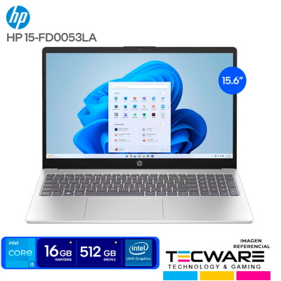 LAPTOP HP 15-FD0053LA | INTEL CORE I5-1235U 4.4GHZ | RAM 16GB DDR4 | SSD 512GB | PANTALLA 15.6" HD | FREE DOS | 3 CELDAS